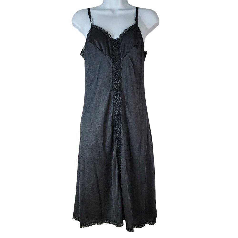 Sears Nylon Slip Black SZ 34 Lace Trim Average Knee Length Adj Doesn't Slip VTG